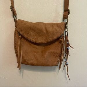 The Sak Light Brown Floral Embossed Genuine Leather Studded Purse Bag Crossbody